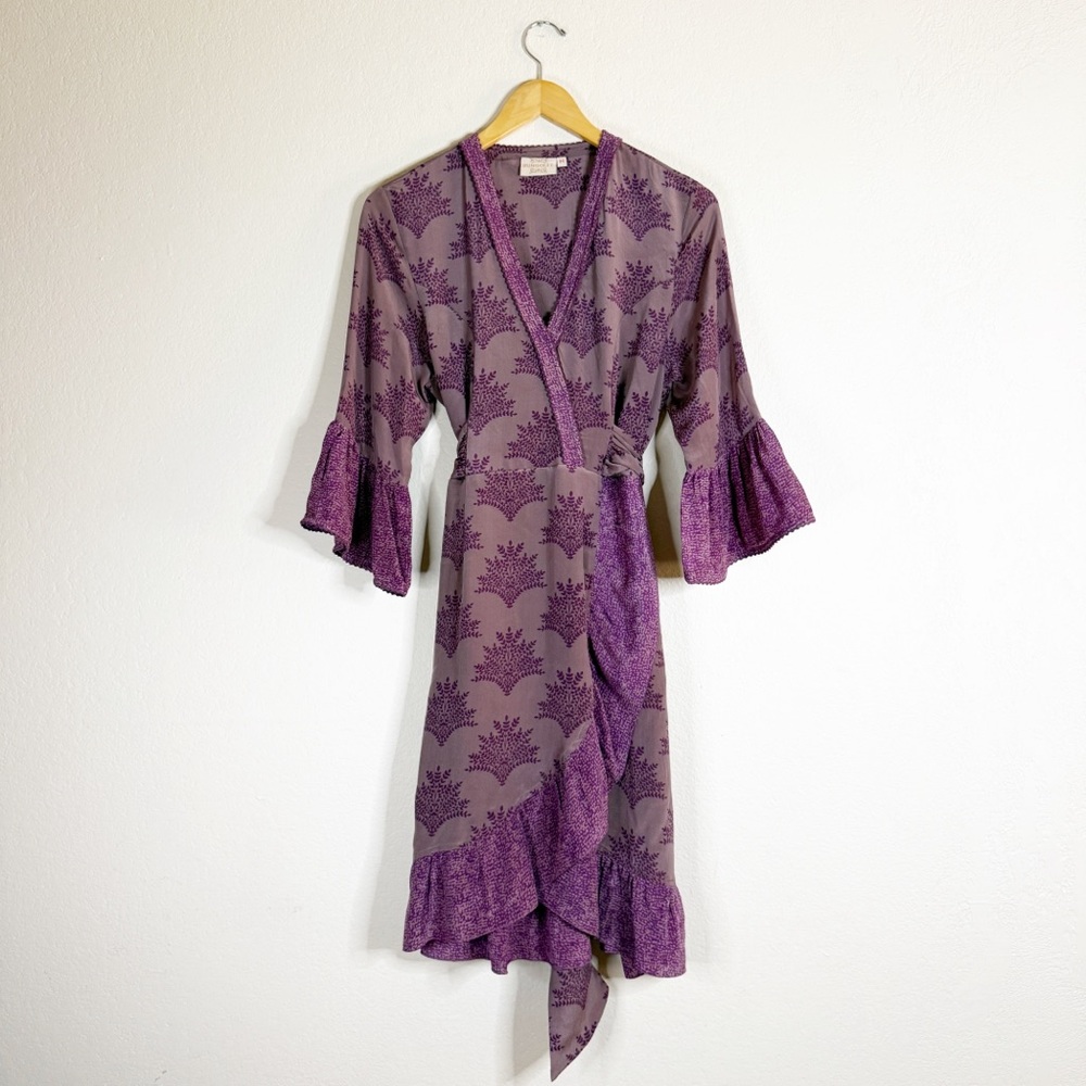 RUNGOLEE purple floral print faux wrap tie waist silk dress MEDIUM